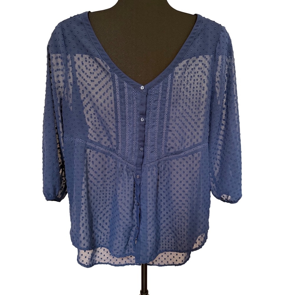 LC Lauren Conrad Navy Blue Swiss Dot Lace Trim Button Front Blouse L Whimsgoth